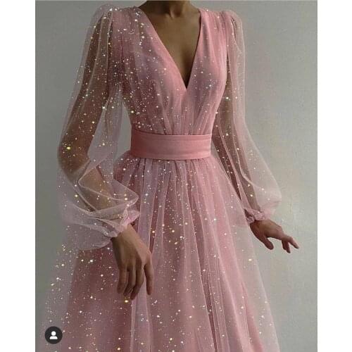 2021 Women Spring Summer Bling Bling Dress Vintage Elegant with Button A-Line Dress Solid Puff Sleeve Lace Voile Mesh Dress Wome
