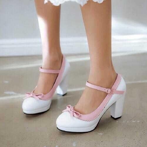 2021 Sweet Butterfly-knot Platform High Heels Ankle Strap Buckle Ladies Party Dress Shoes Woman Plus Size Lolita Heel Pumps