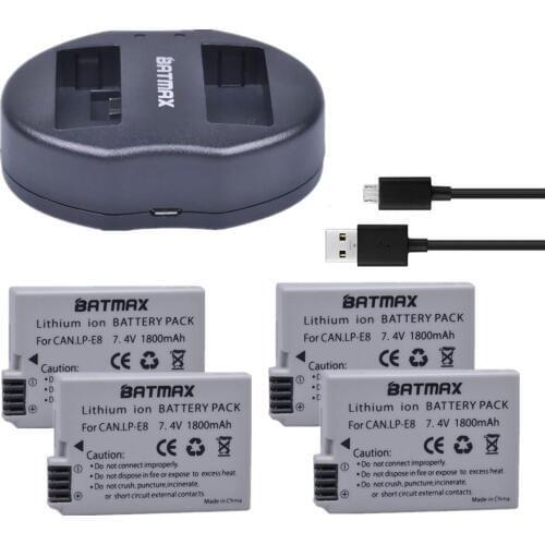 4 pcs 1600mAh LP-E8 LPE LP E8 Camera Batteries+Dual USB Charger for Canon EOS 550D 600D 650D 700D Rebel T2i T3i T4i Kiss X4 X6i