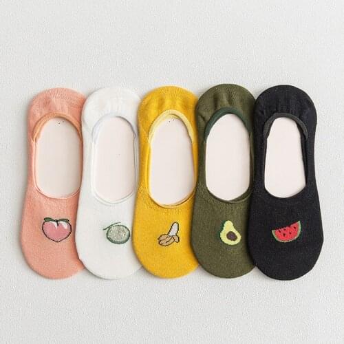 5Pair/set Cotton No Show Socks for Women Funny Cute Kawaii Fruit Pattern Watermelon Banana Peach Avocado Black White Casual Type