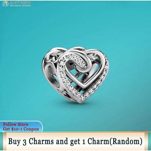 Ahthen 925 Sterling Silver Beads Shiny Joined Hearts Charm fit Original Pandora Bracelets for Women Jewelry Making Gift