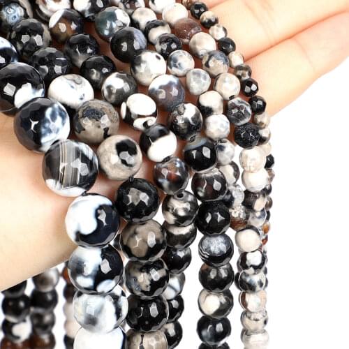 15"Strand Smooth Natural Stone Beads Black and White Onyx Agates Loose Beads For Jewelry Making Bracelet Neck 4/6/8/10/12mm