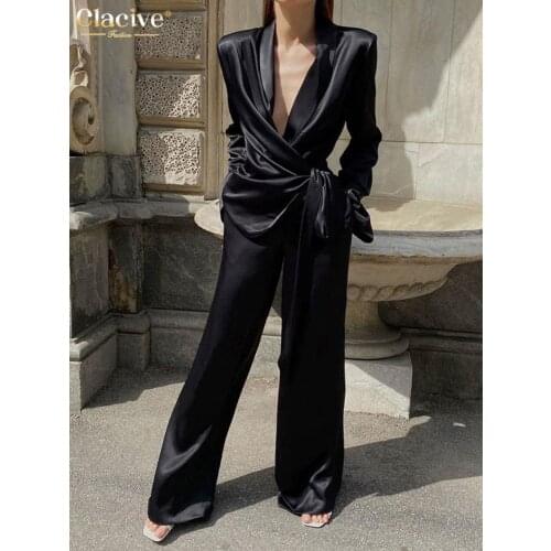 Clacive Balck Casual Satin Women Sets Autumn Long Sleeve Blazers With Wide Leg Pants Set Elegant Lace-Up 2 Piece Trousers Set