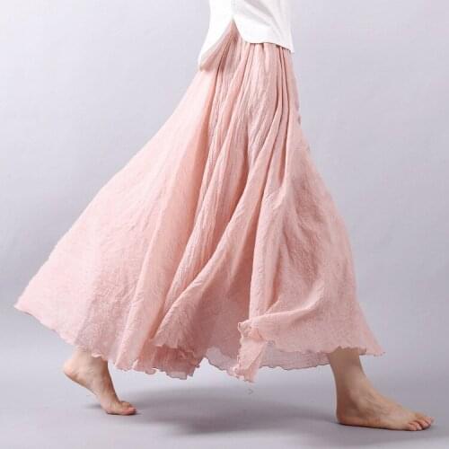 Women Cotton Linen Skirt High Waist Long Plus Size Elastic A Line Girls Pleated Ethnic Vintage Sweet Teenager School Skirts Hot