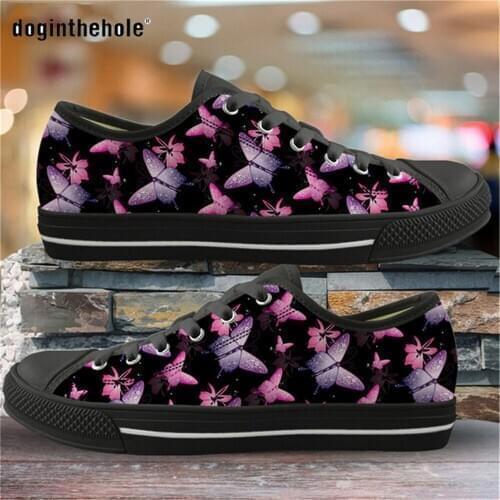 Doginthehole Starry Night Butterflies Design Woman Shoes Autumn Low Top Canvas Shoes for Female Fashionable Lace-up Sneaker Girl
