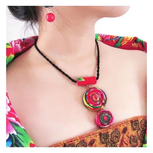 Pure Handmade Exotic Jewelry colorful statement fabric prints flowers necklace,New Ethnic Chinese wind round pendants necklace