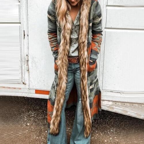 Kalenmos Womens Winter New Hooded Trench Women Long Fur Collar Coat Long Sleeve Retro Printing 5XL Plus Size Coat Woman