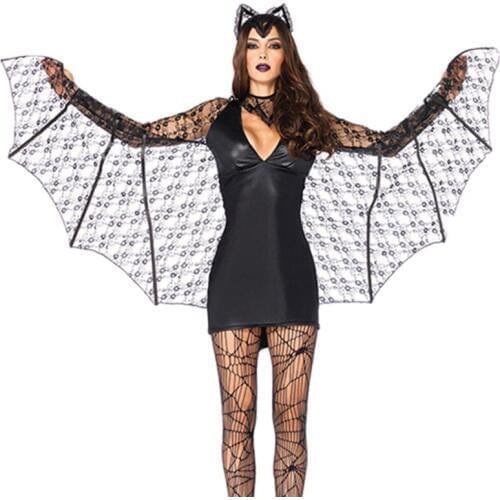 Halloween Sexy Cosplay Costumes Adult Demon Dress Vampire PU leather Uniform Lace Bat Cosplay Black Bat Wing Animal Role Play