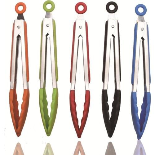 Kitchen Cooking Food Tongs Stainless Steel With Silicone Head Lock Clip Cookware BPA Free Heat-resistant 480 Degree 9" Red Black