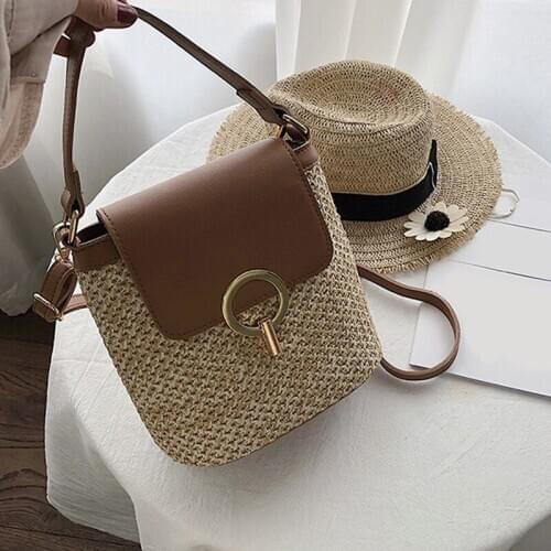 Small Straw Bucket Bags For Women Summer Crossbody Bags Lady Travel Purses And Handbags Female Shoulder Messenger Bag