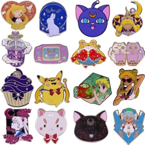 Cute Moon Beautiful Girl hard Enamel Pins Collect Animal Metal Brooch Cartoon Anime Lapel Pins Womens Backpack Badge Jewelry