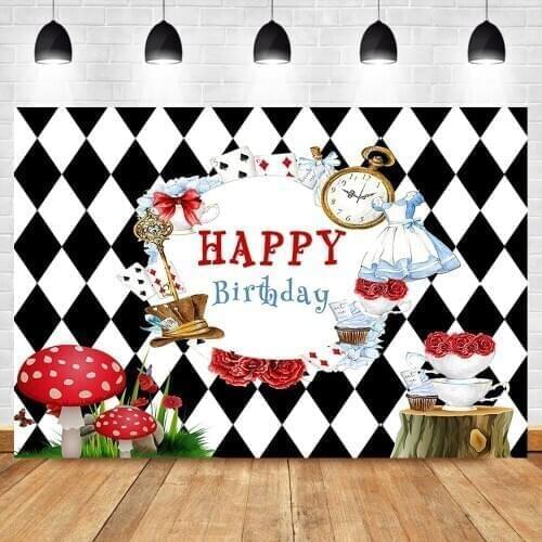 NeoBack Happy Birthday Backdrop Tea Party Birthday Photography Background Poker Clock Mushroom Party Banner Decorate Props