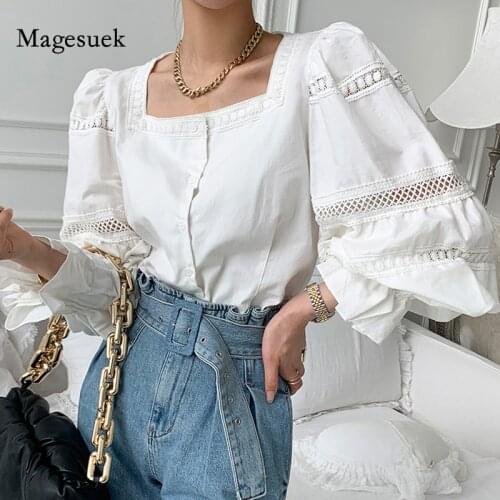 Fashion Chic Hollow Crochet Ladies Tops Puff Sleeve Square Collar Loose Woman Shirt Spring Lace White Blouse Women Blusas 13587