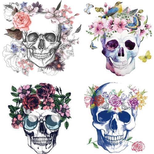 Iron on transfers for clothing flower skull stickers patches Iron on transfer vinyl transfer for garment t-shirt cloth farbic