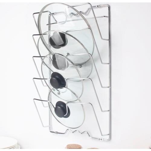 Stainless Steel 5 Layer Pot Lid Rack Multi-function Wall-mounted Pot Lid Storage Rack With Cutting Board Kitchen Storage Holder