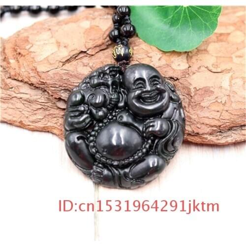 Charm Pendant Obsidian Chinese Natural Jade Buddha Black for Accessories Men Gifts Amulet Necklace Jewelry Carved Green