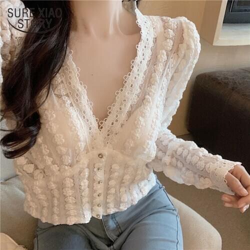 Autumn V-neck Long Sleeve Tops Korean Sweet Short Lace White Shirt Women Casual Vintage Elegant Blouse Women Blusas Mujer 11841