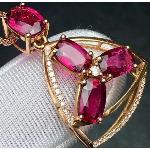 Rubillite Tourmaline Pendant Real 18 K Gold 100% Natural Rubillite Tourmaline 3.2ct Gemstones Diamond Pendant Necklace
