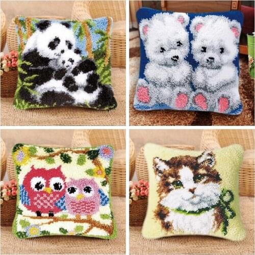 Prajna Animal Pillow Latch Hook Rug Mats Kits Embroidery Flannel Carpet Embroidery Latch Hook Cartoon Knit Pillow Needlework DIY