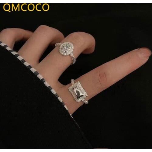 QMCOCO Korean 925 Silver Square Zircon Ring Simple Light Luxury Design Trend Temperament Open Adjustable For Women Party Jewelry