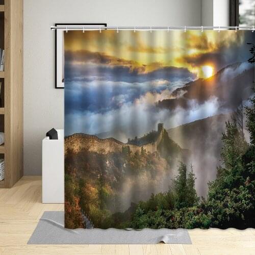 Mountains Cloud Dusk Shower Curtains Psychedelic Fog Great Wall Landscape Sunset Scenery Bathroom Curtains Decor Cloth With Hook