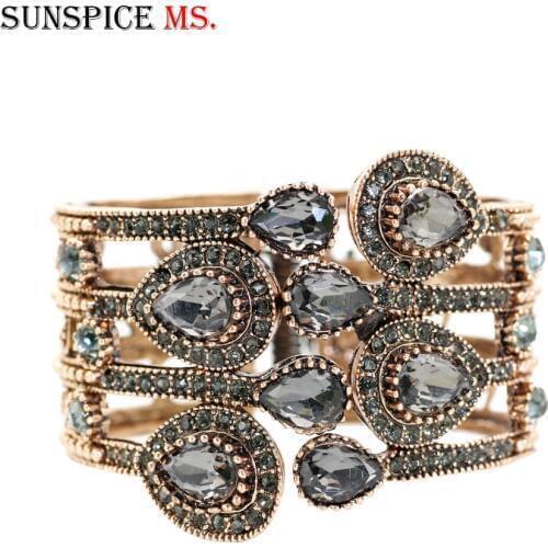 SUNSPICEMS Turkish Retro Vintage Women Cuff Bangle Antique Gold Color Bohemia Ethnic Wedding Jewelry Indian Gray Stone Bracelet