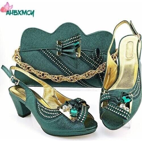 Dark Green Color New Arrivals Mature Women Shoes and Bag to Match Set Christmas Party Sandal for Party