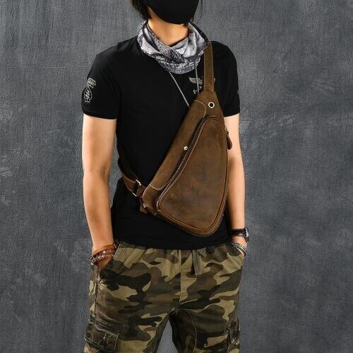 Men Genuine Leather Cowhide Vintage Sling Chest Back Day Pack earphone Travel Fashion Women Cross Body Messenger Shoulder Bag