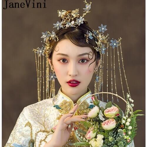 JaneVini Vintage Beaded Long Tassel Wedding Hairpins Bride Hair Sticks Classic Beaded Blue Flowers Gold Chinese Bridal Headdress