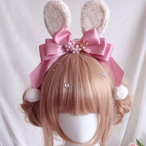 Japanese Lolita Plush Rabbit Ears Headband Sweet Cherry Blossom Bowknot Bunny Hair Hoop Cute Pompom Anime Cosplay Headpiece Acce
