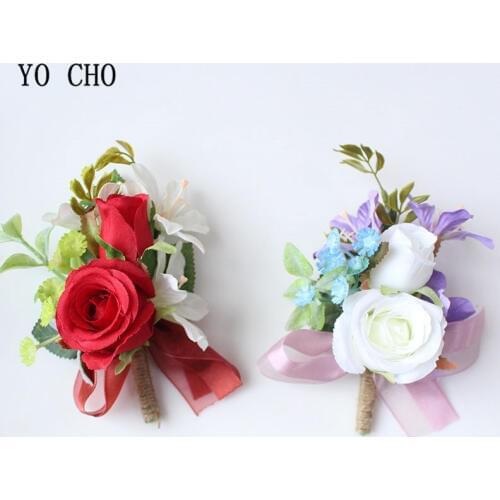 YO CHO Silk Flowe Groom Boutonniere Flowers Wedding Corsage Boutoniere Pins Buttonhole Men Wedding Witness Marriage Accessories