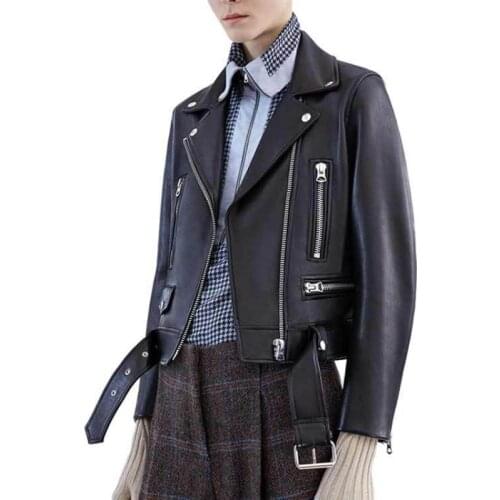 Women Spring Autumn New Black Faux Leather Jackets Zipper Coat Turn-down Collar Motorcycle Biker Jacket Fashion Belt Outerwear