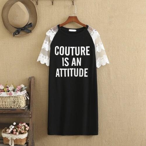 Plus Size Dresses For Women 3XL 4XL In Summer O-Neck Lace Stitching Short Sleeves Monogram Printed Knitted Cotton Fabric Dress