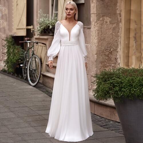 Wedding Dress 2021 Modest Sweep Train Satin and Chiffon A-line Sheer V-neck Long SleeveBridal Gowns for Bride