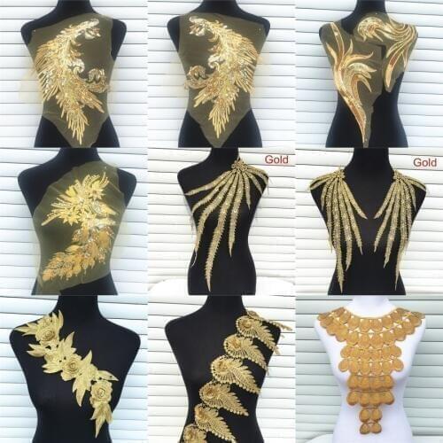 1Pc 3D Embroidered Fabric Gold Rose Flower Venise Lace Sewing Applique Lace Collar Neckline Collar Applique Accessories