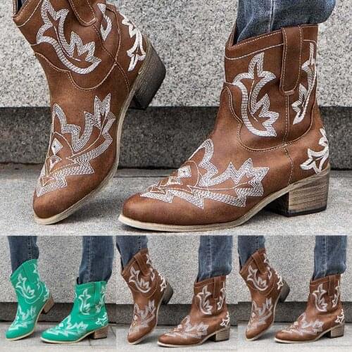 Embroidery Faux Leather Cowboy Ankle Boots For Women Square Heels Boots Vintage Print Western Cowgirl Boots Botas Mujer 2021