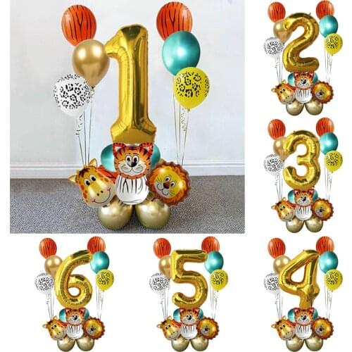 CYUAN 18pcs Jungle Animal Balloons Set 32inch Number Globos Chrome Metallic Latex Balloon Birthday Party Decor Kids Baby Shower