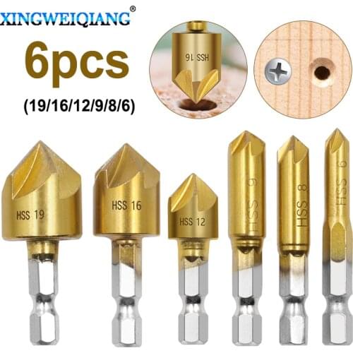 3pcs 6pcs HSS Chamfer End Mill Chamfer Drill Bit 1/4" Hex Shank 90 degree Wood Chamfer Cutter 6mm-19mm