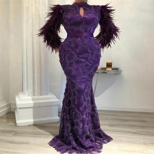 Purple Feather Prom Dresses High-neck Lace Beaded Long Sleeves Evening Dress Custom Made Sweep Train Chic Mermaid Sheath Party D