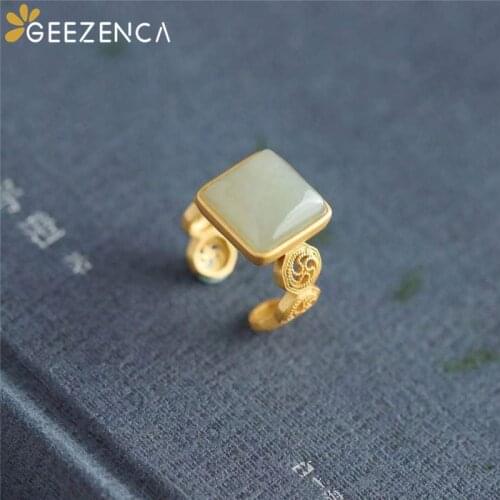 Vintage 925 Sterling Silver Gold Plated Jade Womens Ring Square Gemstone Simple Trendy Open Rings Fine Jewelry Christmas Gift
