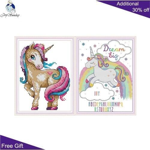 Joy Sunday The Magica Rainbow Unicorn DA406 KB110 Home Decor Counted and Stamped Needlework Unicorn Cross Stitch kits