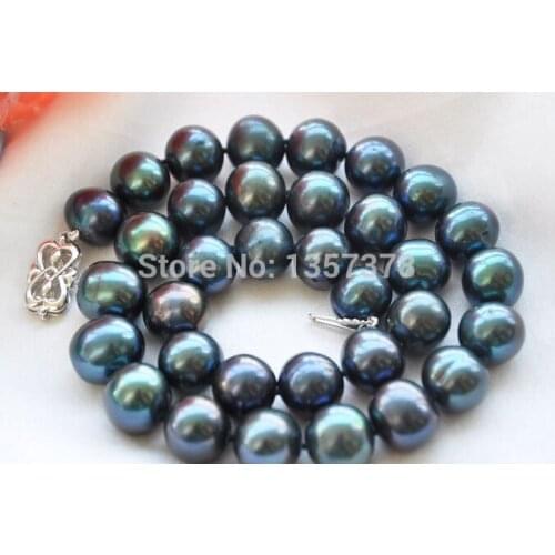 HUGE 11-12mm ROUND PEACOCK BLACK FW PEARL NECKLACE 17IN 925ss