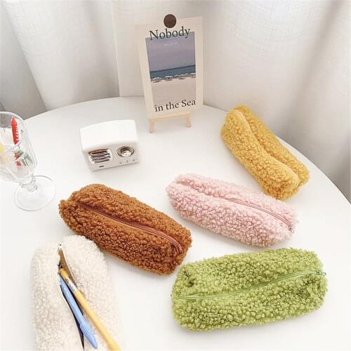 Cute Soft Color Fluffy Pencil Bag Plush Pencil Case Cosmetics Pouch Pen Holder Stationery Organizer Office Kawaii Stationery