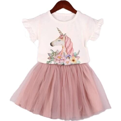 Girls Dress 2019 Summer New Baby Girls Clothing Sets Cartoon Unicorn T-Shirt+ Bling Star Dress 2Pcs Girls Clothes Casual Wear