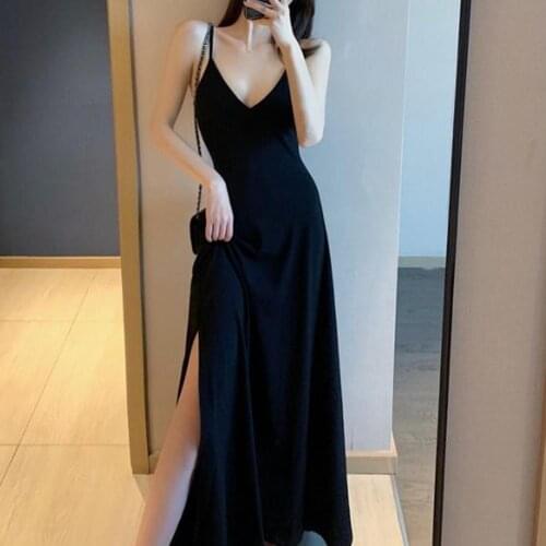 Sexy Summer Women Dress Deep V Neck Backless Solid Color/Stripe Print Maxi Sling Dress Ladies Slim Split Party Dresses Sundress