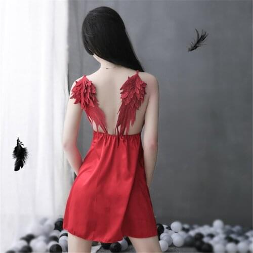 Sexy Angel Wings Backless Lingerie Set Silk Sling One-piece Dress Babydoll Deep V Erotic Allure Underwear Pajamas Night skirt