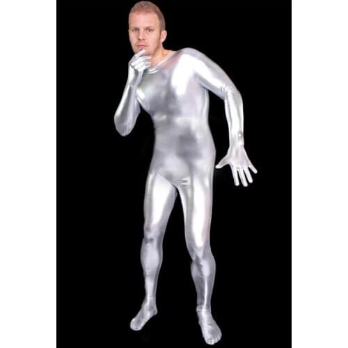 Special price! brand Unisex Pink Round neck Shiny Metallic Zentai Catsuits Sexy Fancy Dress Bodysuits For Party black Zipper