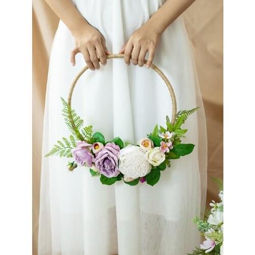 SESTHFAR Purple Rose Wedding Bouquet Gold Iron Metal Ring Portable Garland Bridal Artificial Flowers Wreath Home Decoration