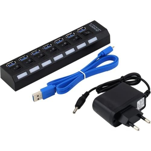 7 Ports ABS USB 3.0 Hub With On/Off Switch AC Power Adapter For PC Laptop 100-240V 150mA 63cm Cable EU Plug