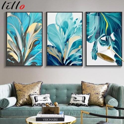 Leaf vertical version gold blue wall art poster abstract block lines leaves wall pictures for living room corridor decoration
